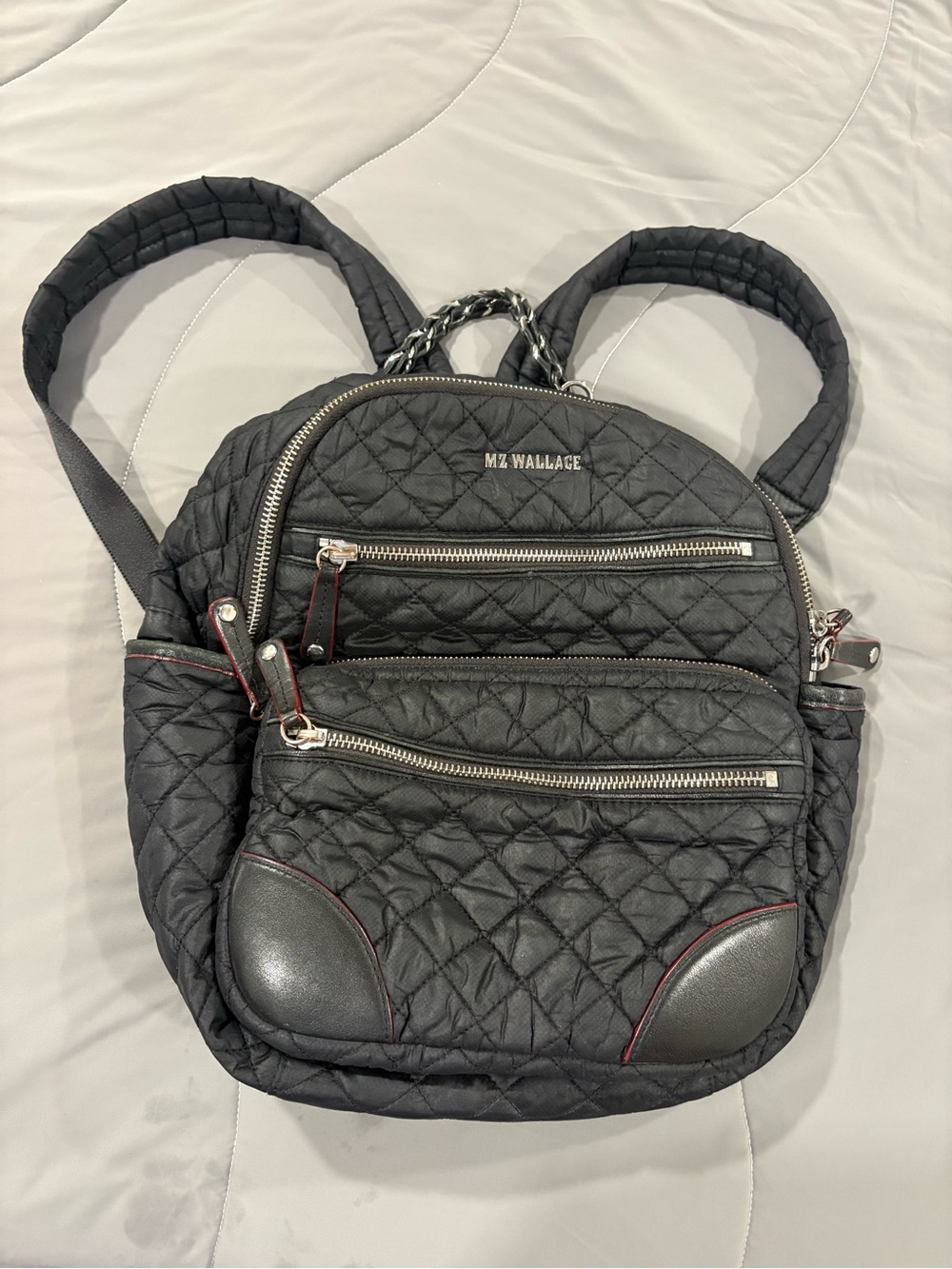 MZ Wallace Small Crosby Quilted Backpack Black Leather Trim